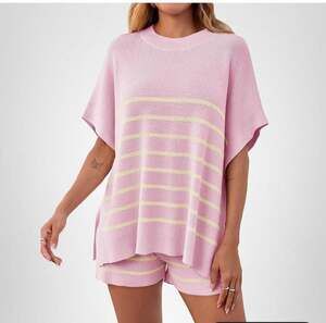 FISOEW 2-Piece Striped Knit Lounge Set with Oversized  Top and Shorts